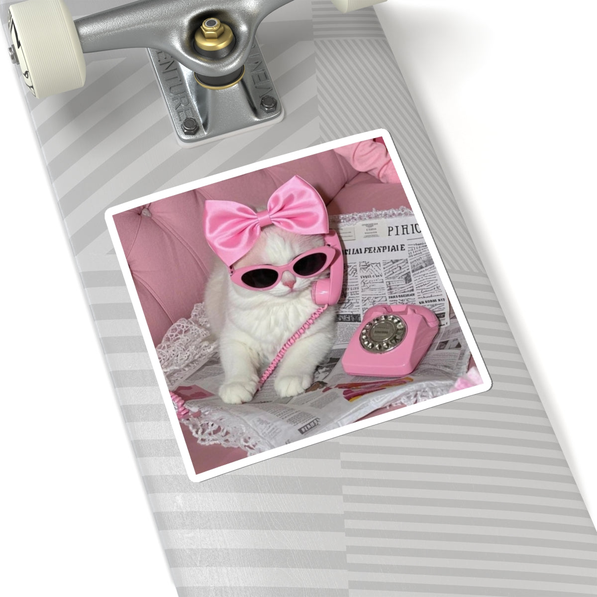 Cute Pink Retro Cat Kiss-Cut Sticker — Vintage Telephone & Bow Sunglasses