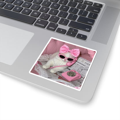 Cute Pink Retro Cat Kiss-Cut Sticker — Vintage Telephone & Bow Sunglasses