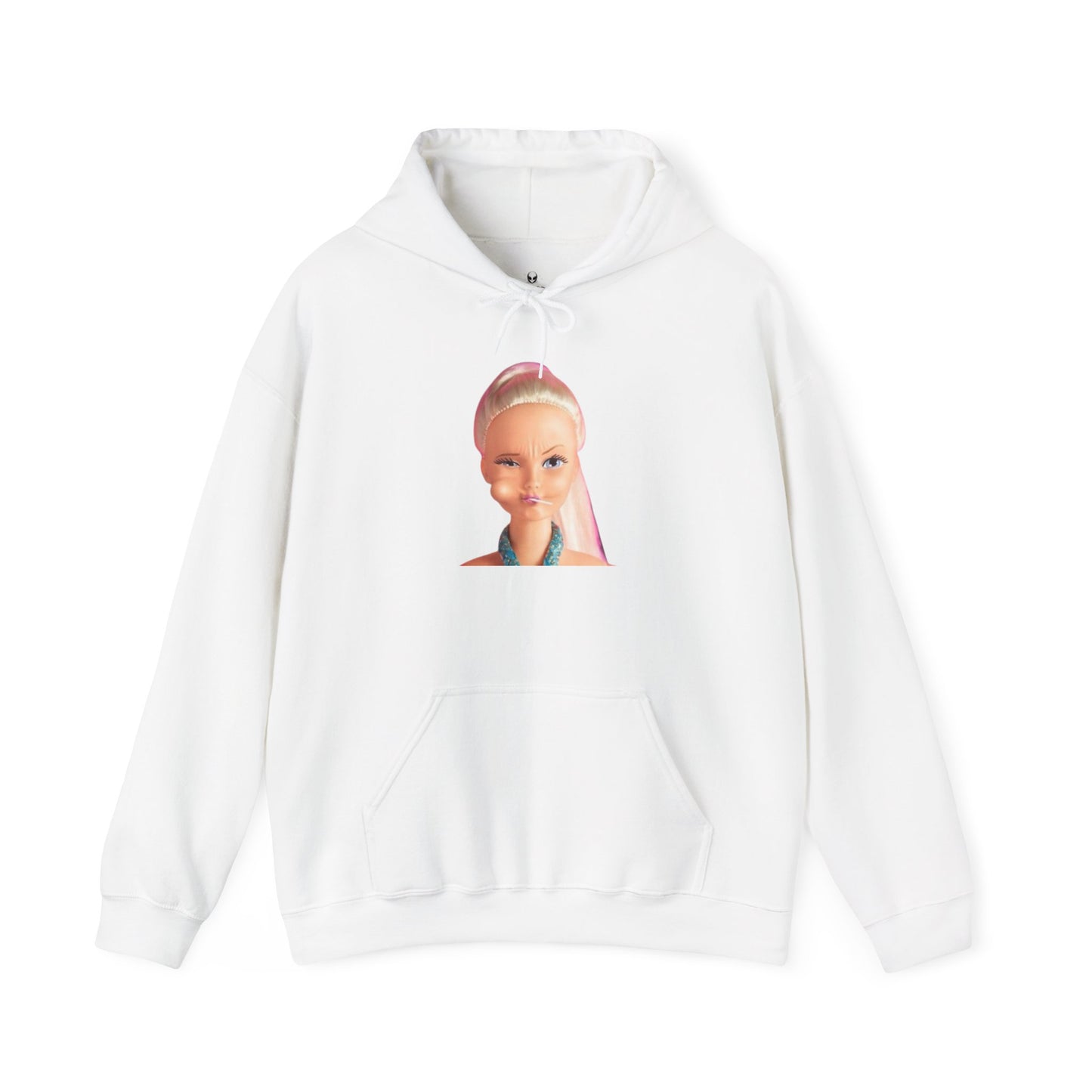 Retro Doll Portrait Hoodie — Nostalgic 90s Toy Face Sweatshirt