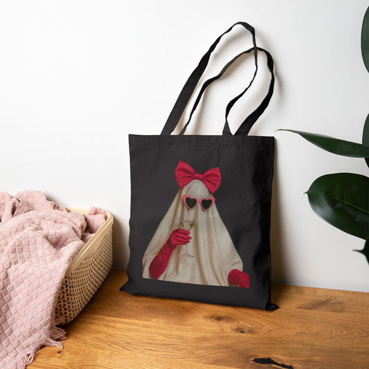 Cute Ghost Tote Bag – Retro Halloween Canvas Tote with Pink Bow & Heart Sunglasses