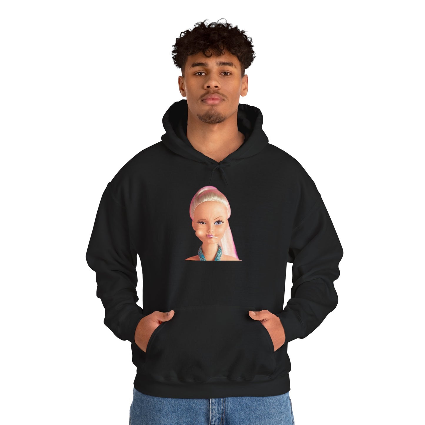 Retro Doll Portrait Hoodie — Nostalgic 90s Toy Face Sweatshirt