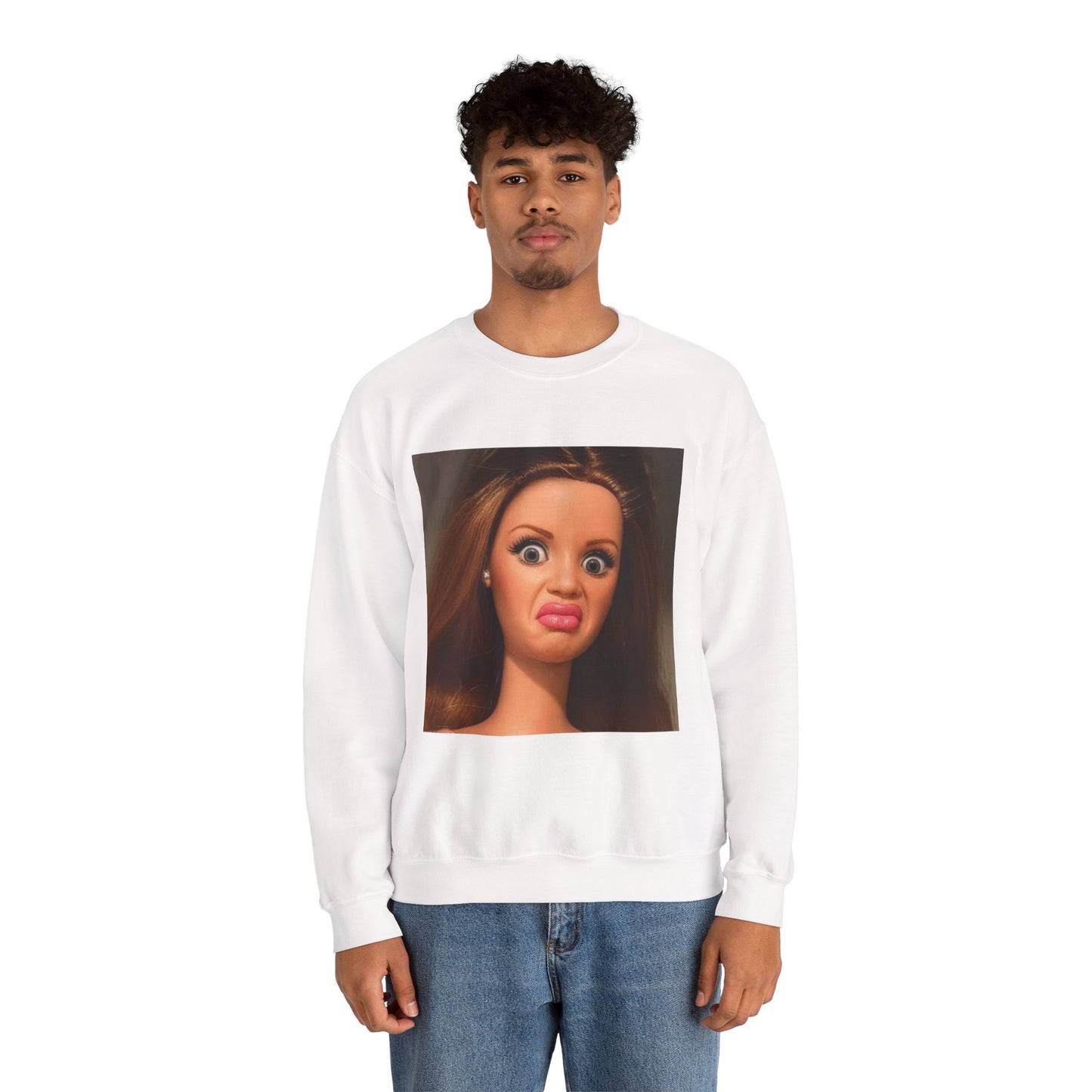 Crewneck Sweatshirt — Funny Barbie Face Graphic Pullover