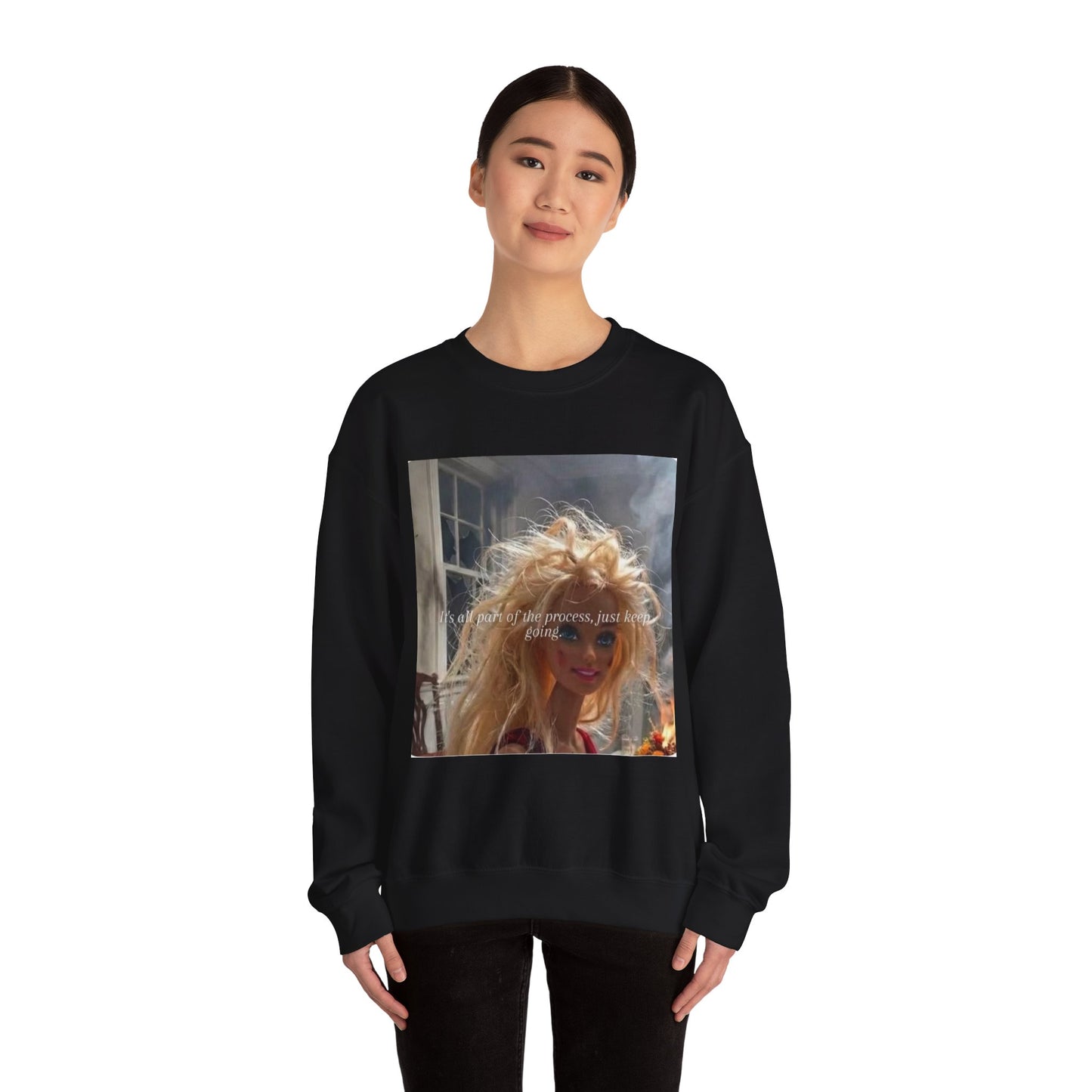 Barbie on Fire Graphic Sweatshirt – Retro Doll Photo Pullover with Text