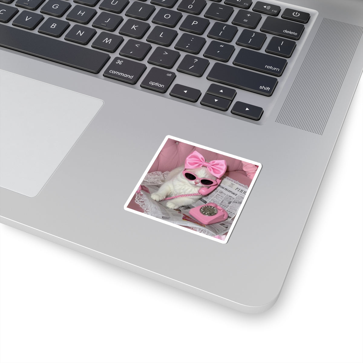 Cute Pink Retro Cat Kiss-Cut Sticker — Vintage Telephone & Bow Sunglasses
