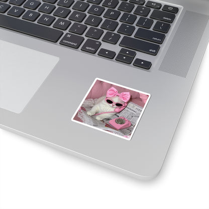 Cute Pink Retro Cat Kiss-Cut Sticker — Vintage Telephone & Bow Sunglasses