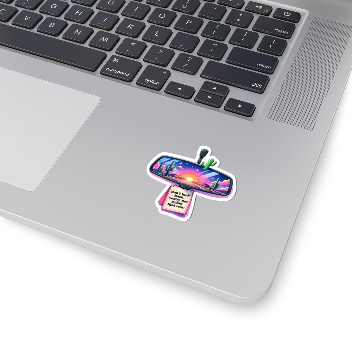 Rearview Sunset Sticker — “Don’t Look Back, You’re Not Going That Way” Inspirational Kiss-Cut Sticker