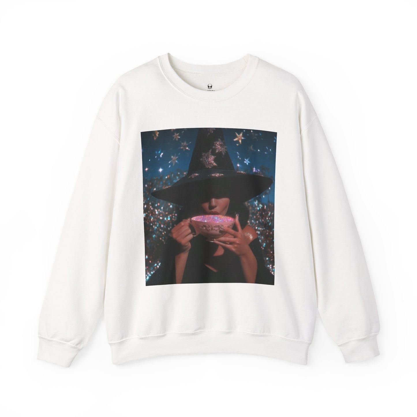 Witchy Tea Party Crewneck Sweatshirt – Mystic Witch Drinking Tea Graphic
