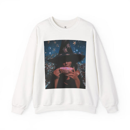 Witchy Tea Party Crewneck Sweatshirt – Mystic Witch Drinking Tea Graphic