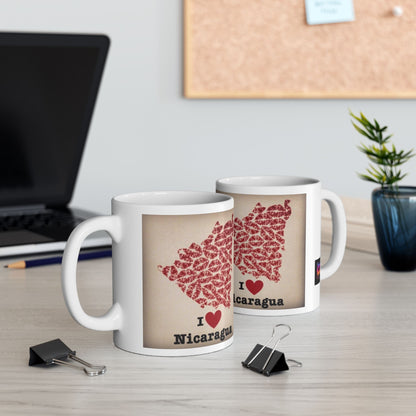I Love Nicaragua Ceramic Mug — Red Lipprint Map Design (11oz)