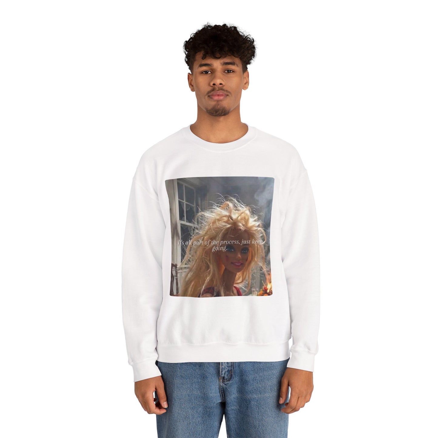 Barbie on Fire Graphic Sweatshirt – Retro Doll Photo Pullover with Text