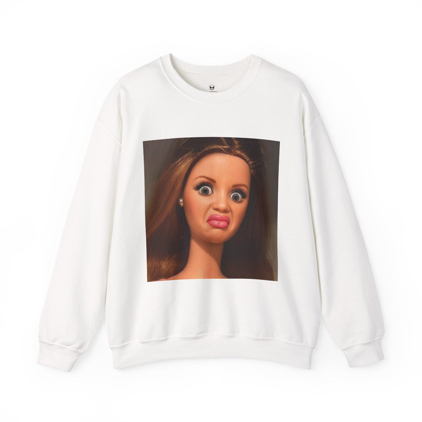 Crewneck Sweatshirt — Funny Barbie Face Graphic Pullover