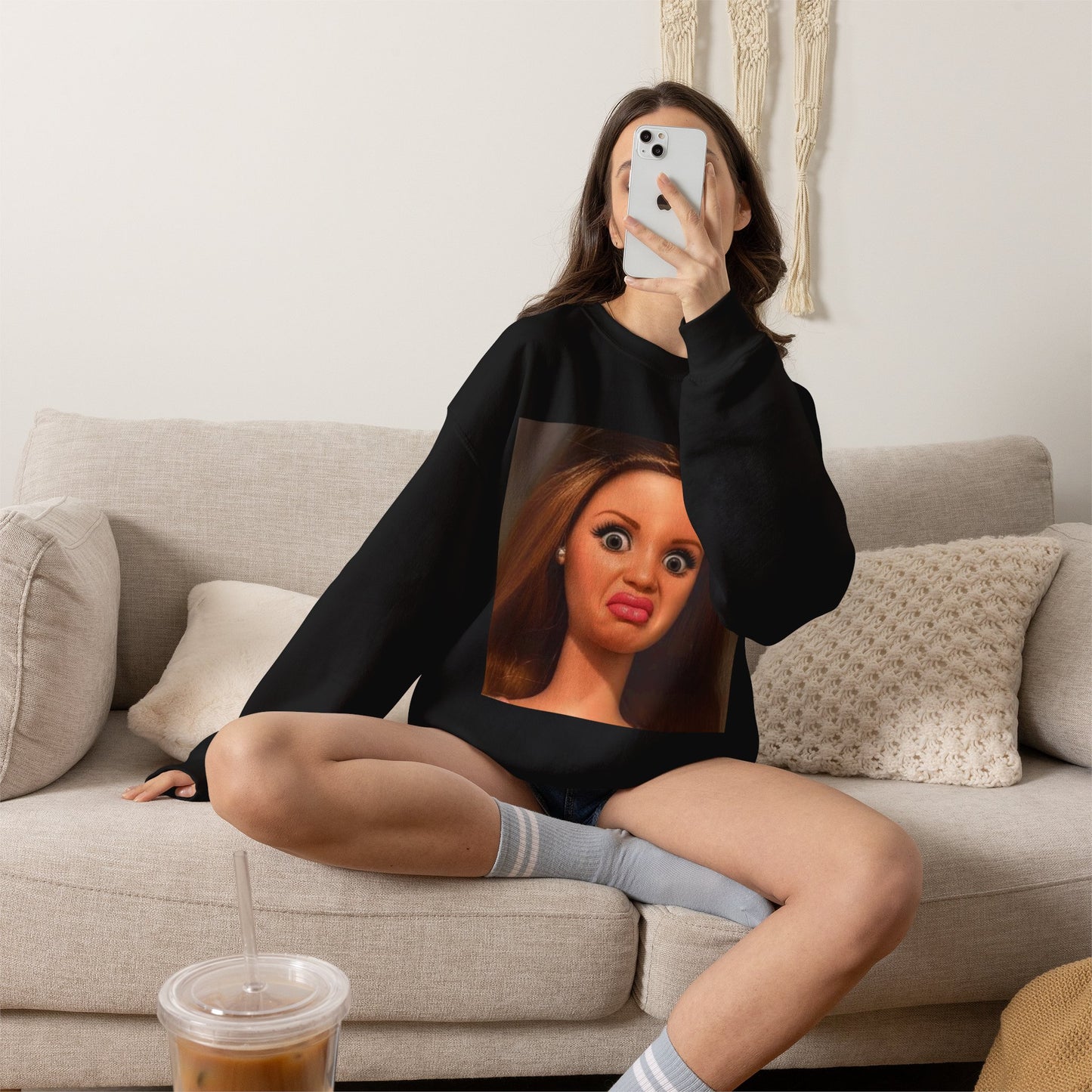 Crewneck Sweatshirt — Funny Barbie Face Graphic Pullover