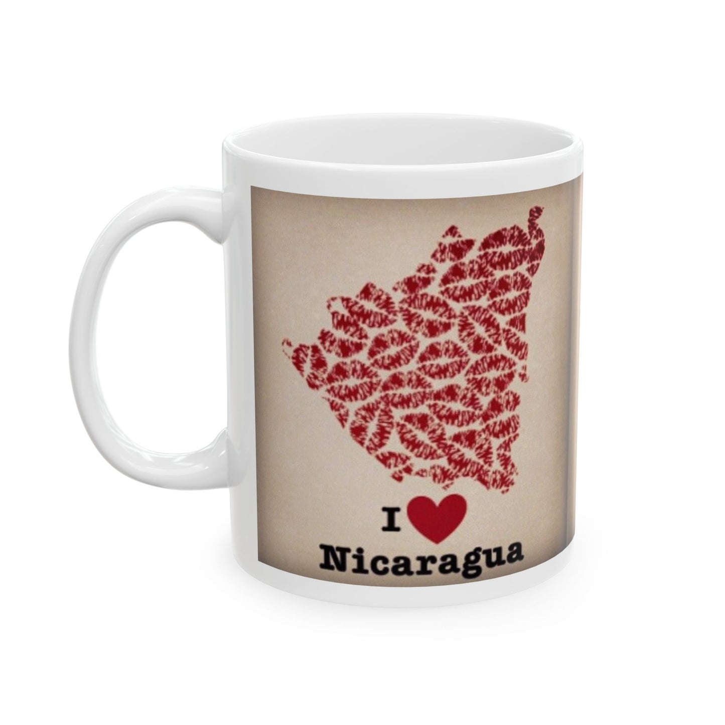 I Love Nicaragua Ceramic Mug — Red Lipprint Map Design (11oz)