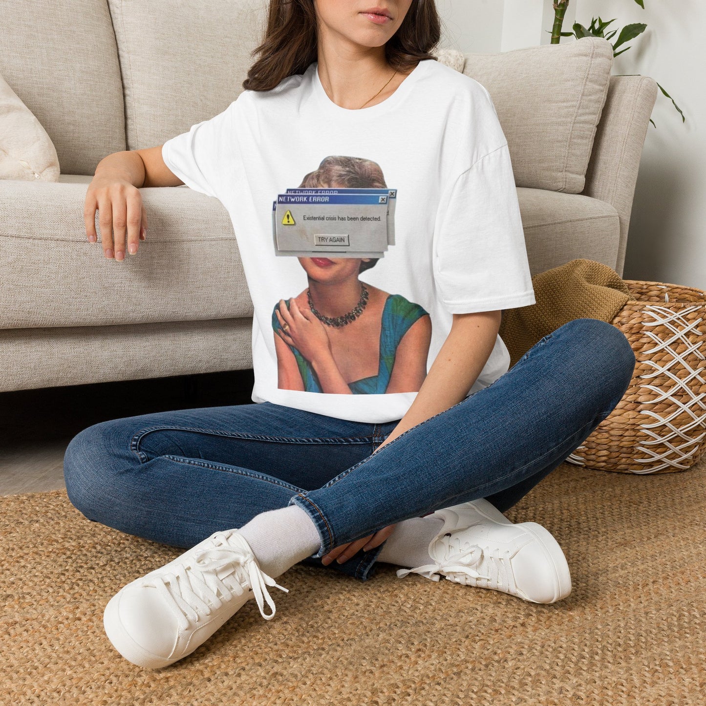 Vintage Portrait Tee with Retro Computer Error Overlay