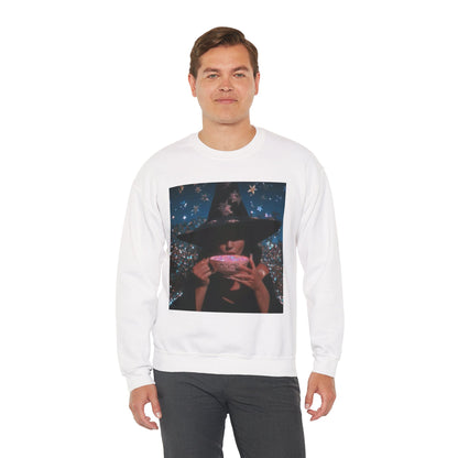 Witchy Tea Party Crewneck Sweatshirt – Mystic Witch Drinking Tea Graphic