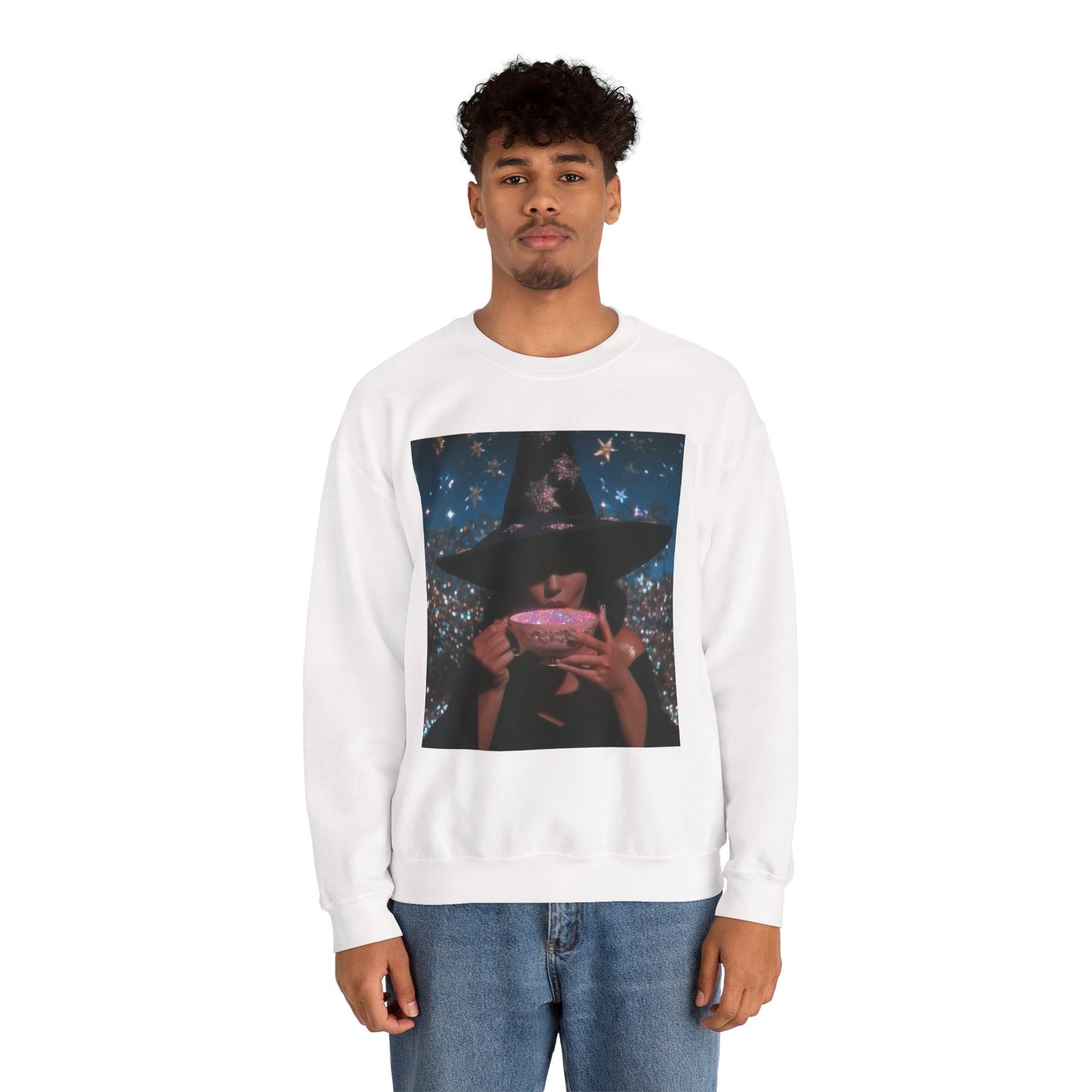 Witchy Tea Party Crewneck Sweatshirt – Mystic Witch Drinking Tea Graphic