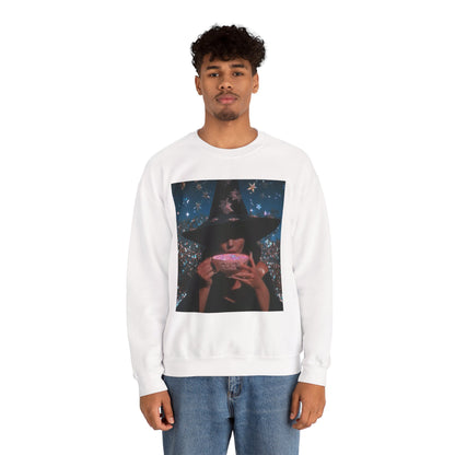Witchy Tea Party Crewneck Sweatshirt – Mystic Witch Drinking Tea Graphic