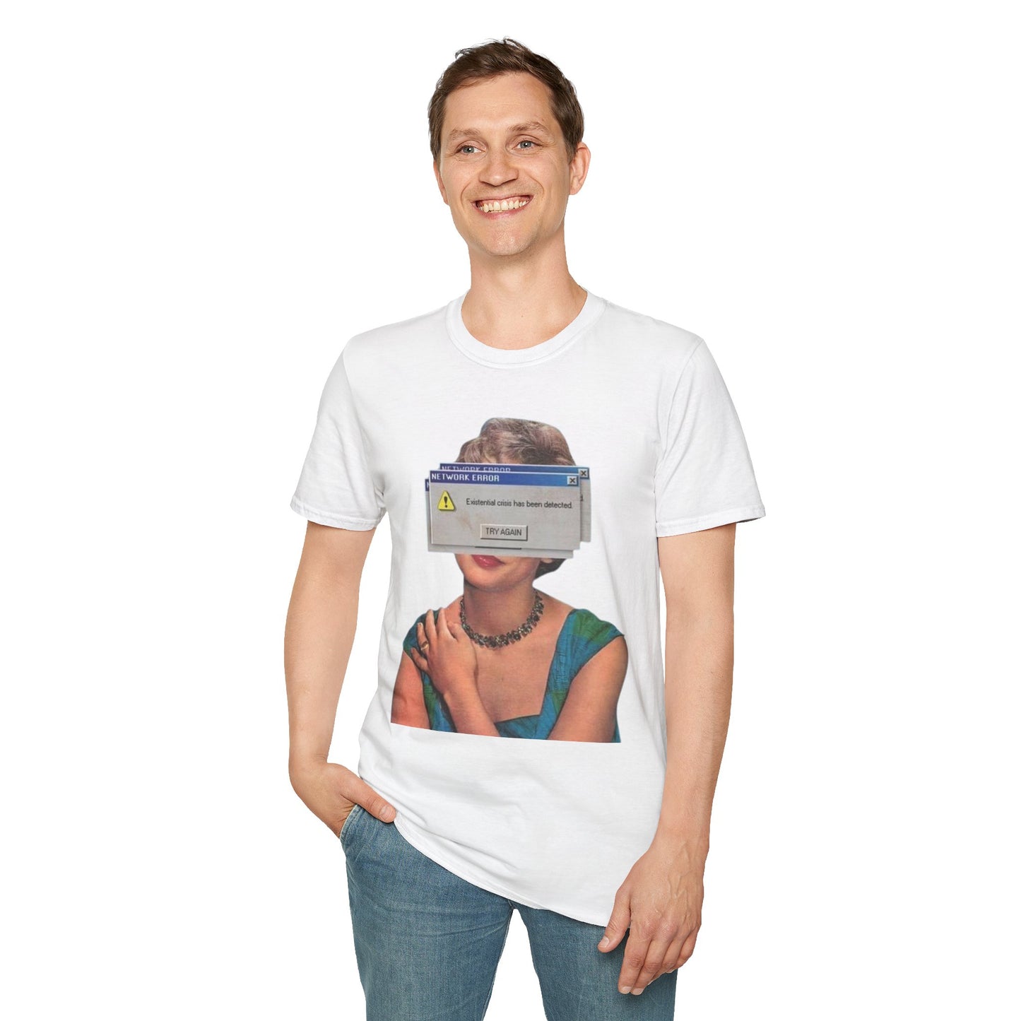 Vintage Portrait Tee with Retro Computer Error Overlay