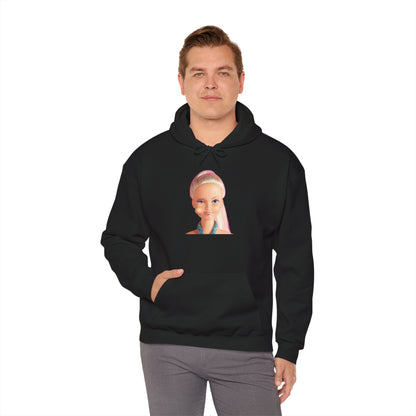Retro Doll Portrait Hoodie — Nostalgic 90s Toy Face Sweatshirt