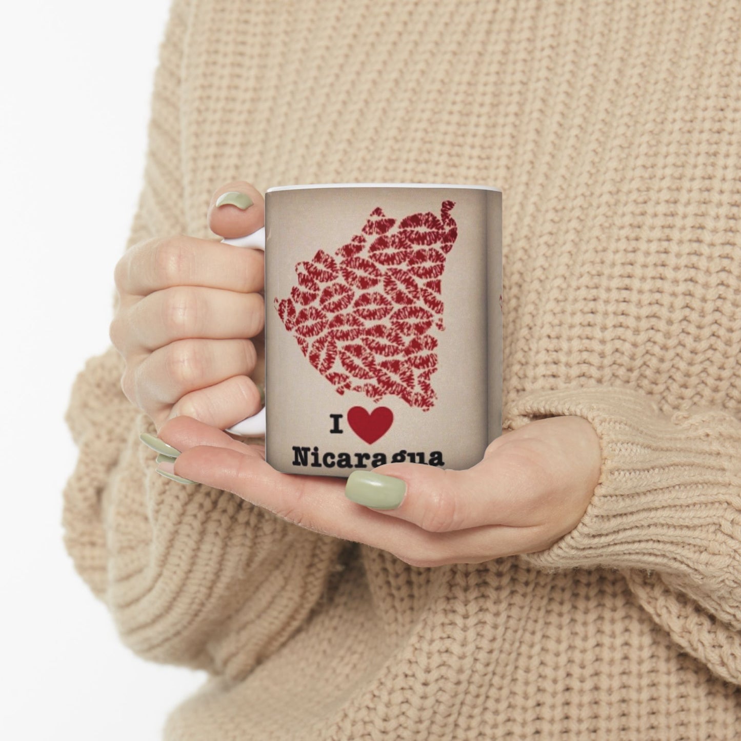 I Love Nicaragua Ceramic Mug — Red Lipprint Map Design (11oz)