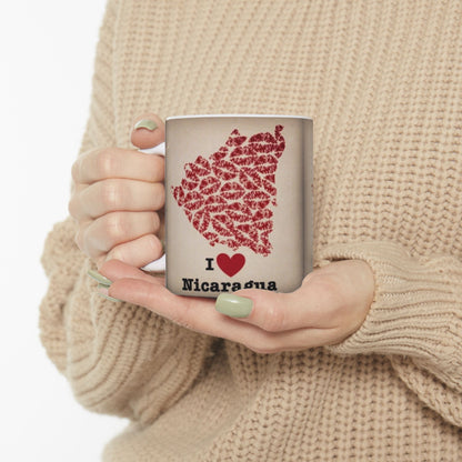 I Love Nicaragua Ceramic Mug — Red Lipprint Map Design (11oz)