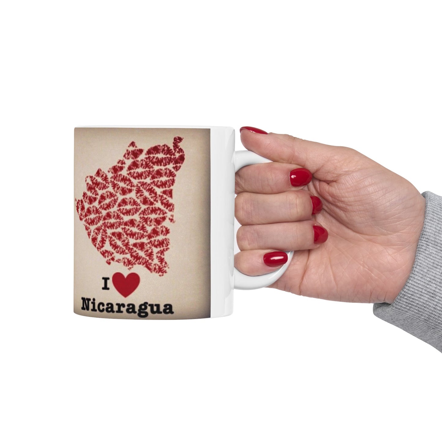 I Love Nicaragua Ceramic Mug — Red Lipprint Map Design (11oz)