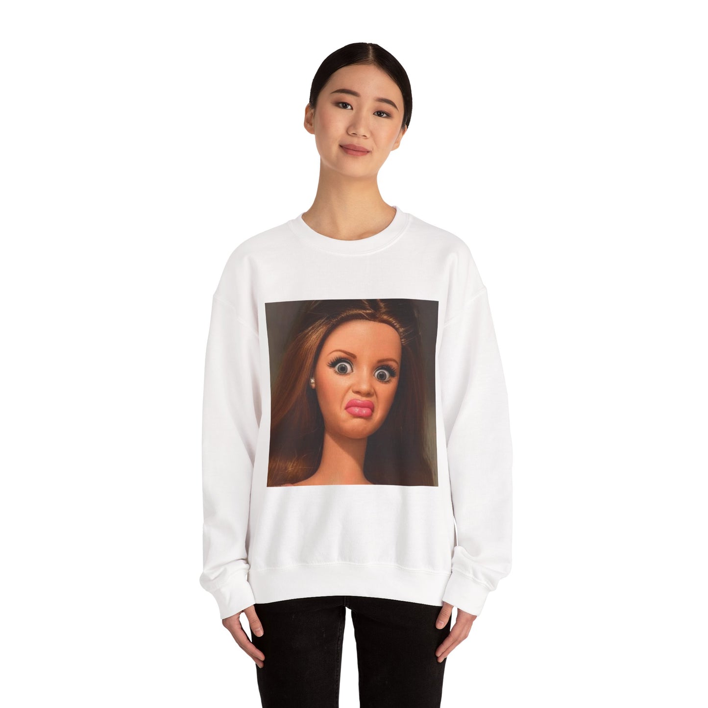 Crewneck Sweatshirt — Funny Barbie Face Graphic Pullover