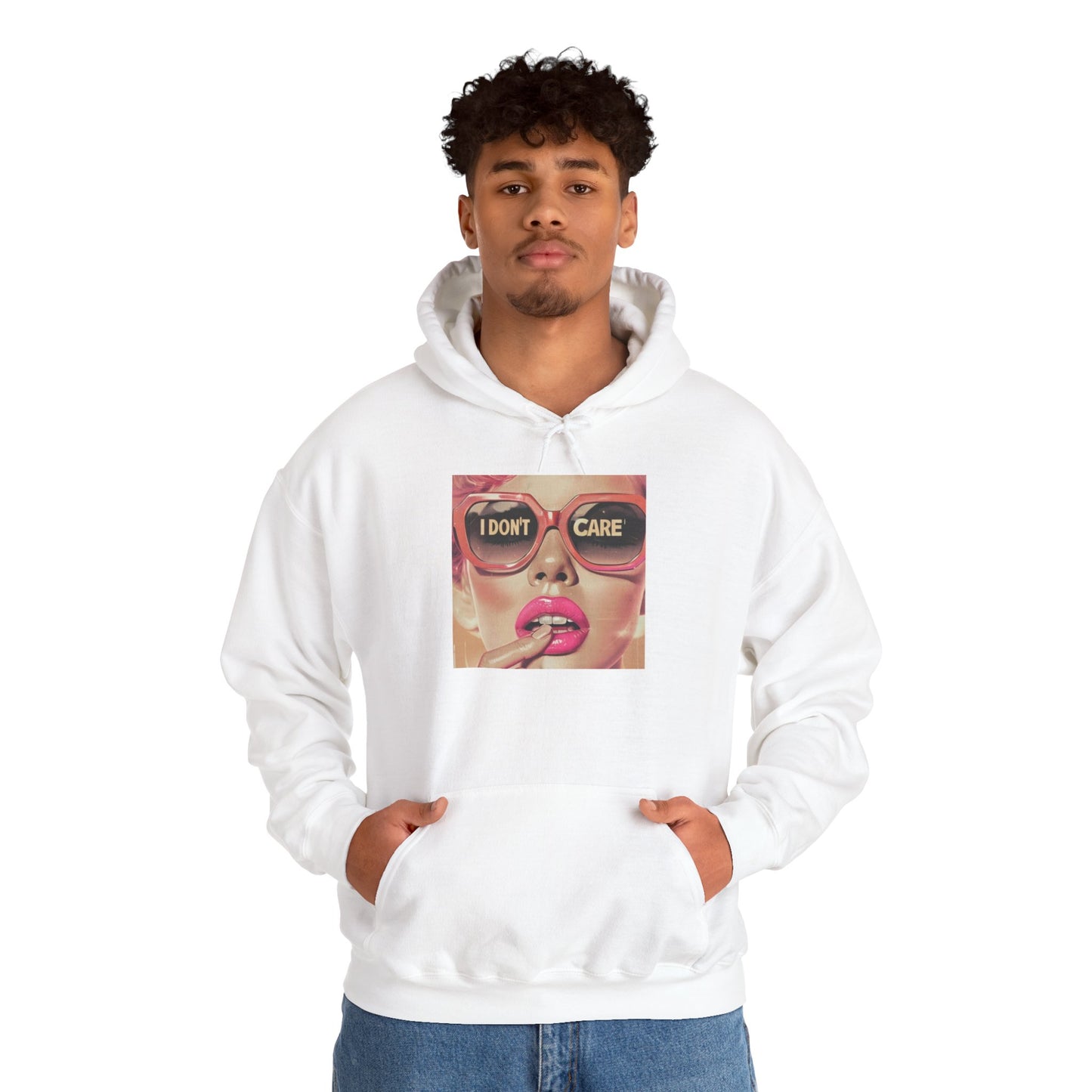 I Don't Care Pop Art Hoodie — Retro Glam Sunglasses Graphic