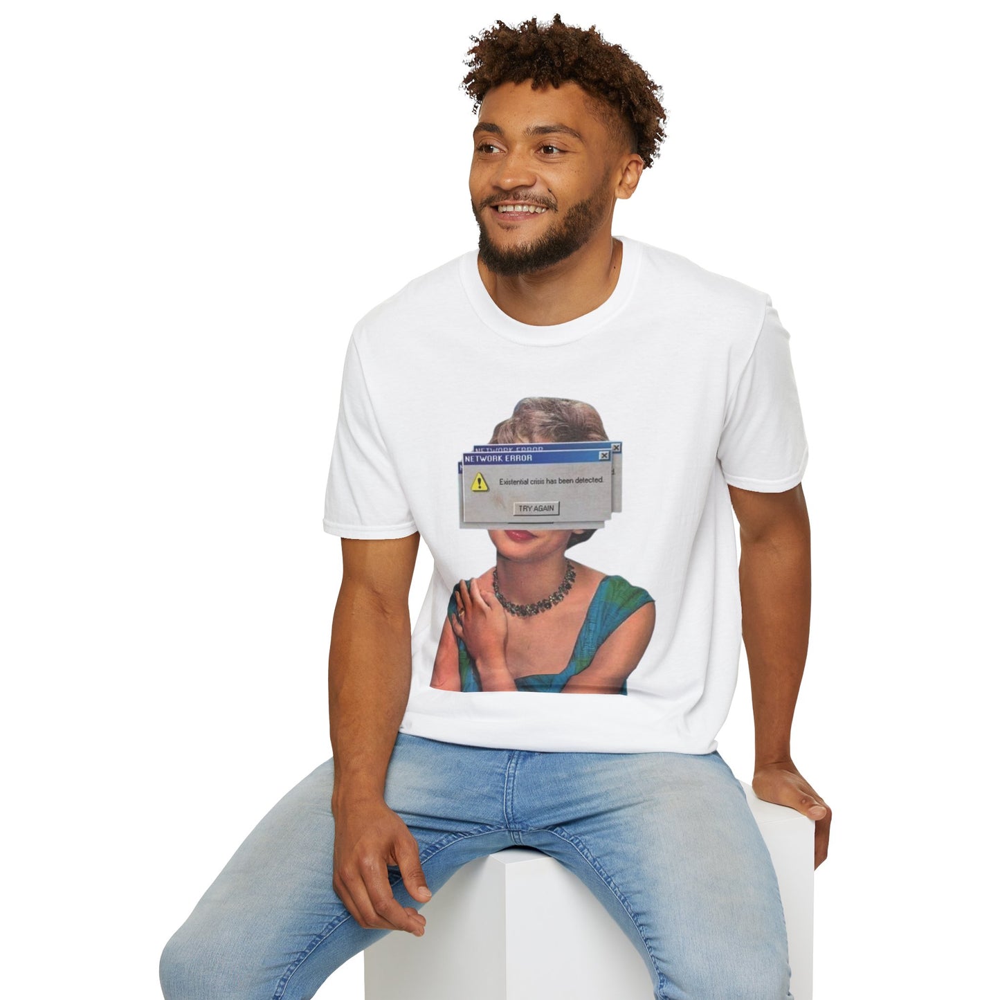 Vintage Portrait Tee with Retro Computer Error Overlay