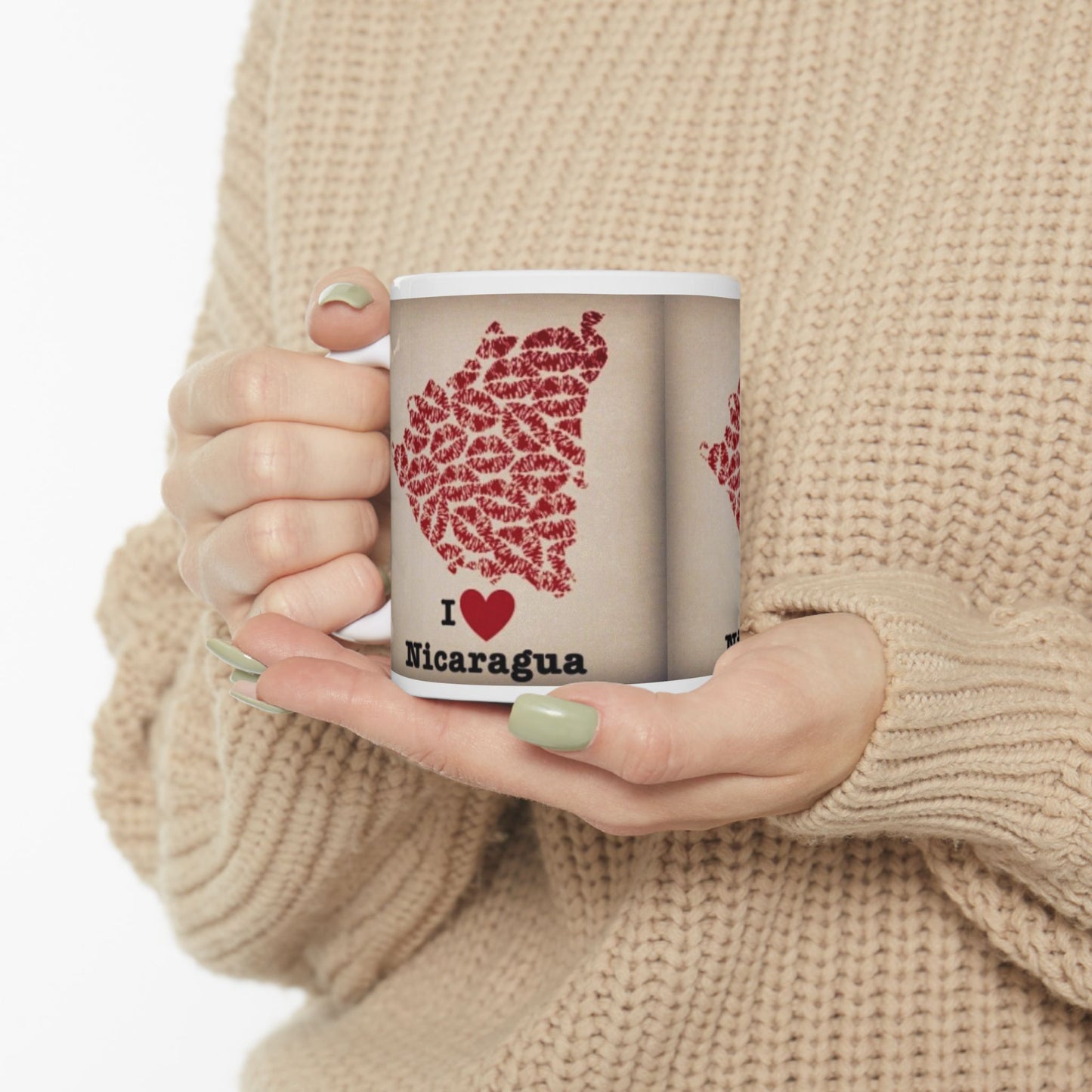 I Love Nicaragua Ceramic Mug — Red Lipprint Map Design (11oz)