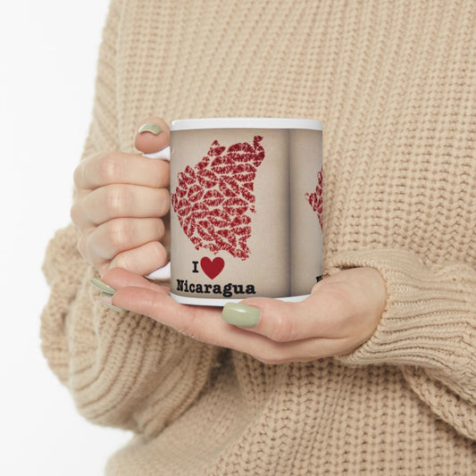 I Love Nicaragua Ceramic Mug — Red Lipprint Map Design (11oz)