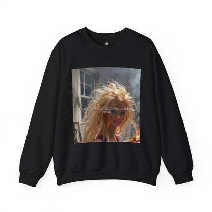 Barbie on Fire Graphic Sweatshirt – Retro Doll Photo Pullover with Text