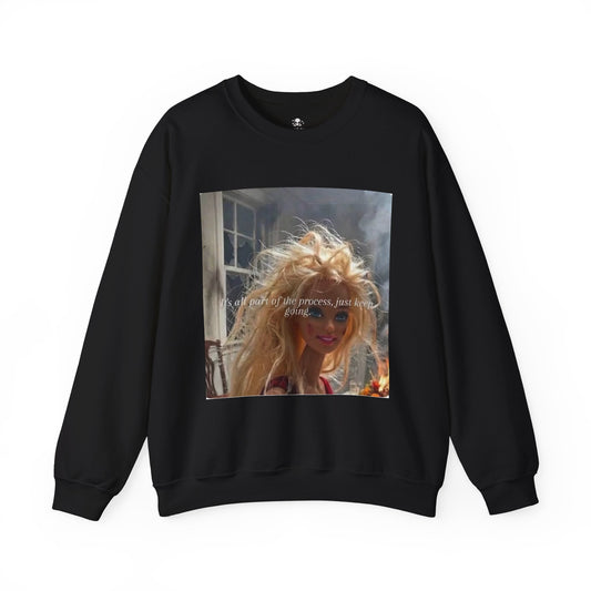 Barbie on Fire Graphic Sweatshirt – Retro Doll Photo Pullover with Text