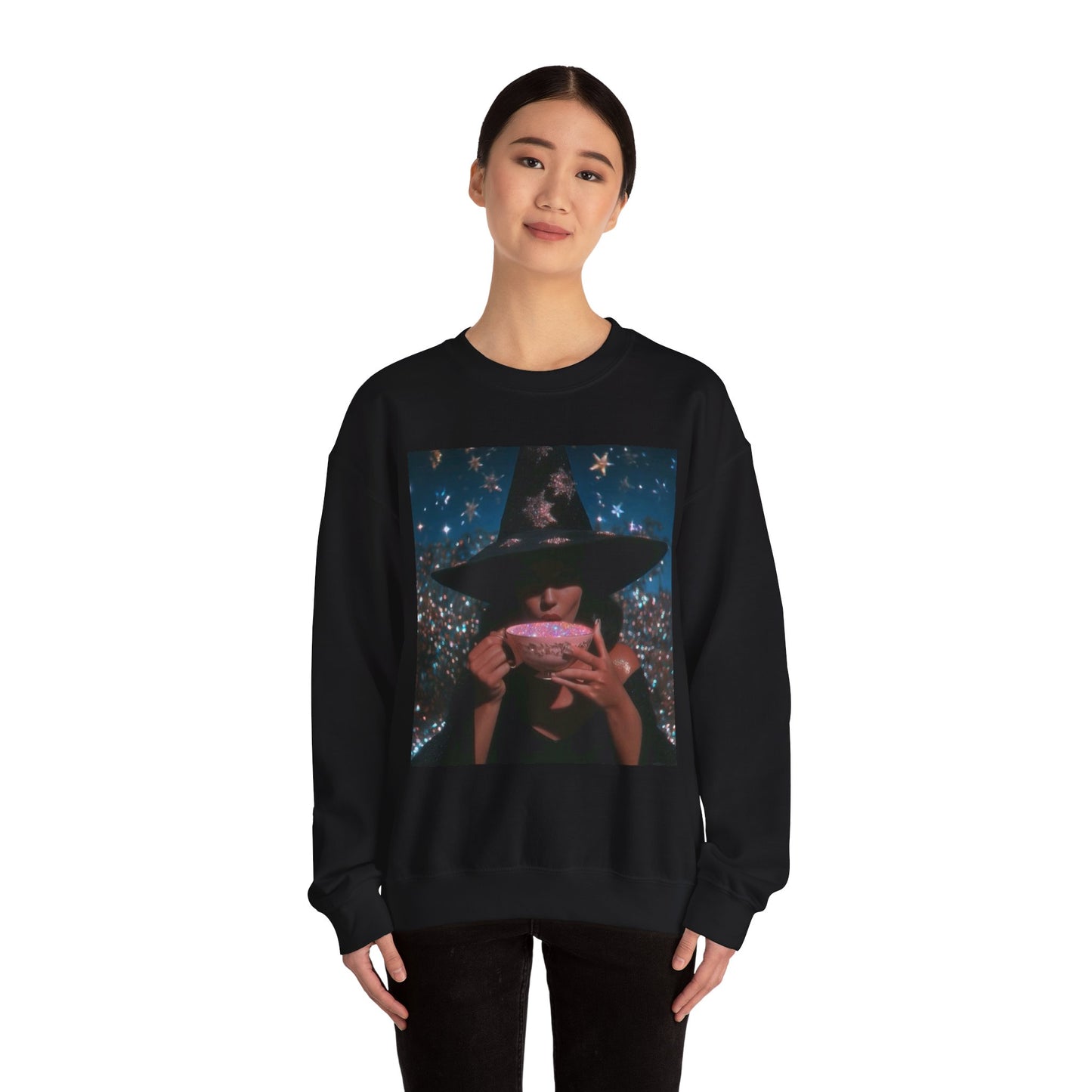 Witchy Tea Party Crewneck Sweatshirt – Mystic Witch Drinking Tea Graphic