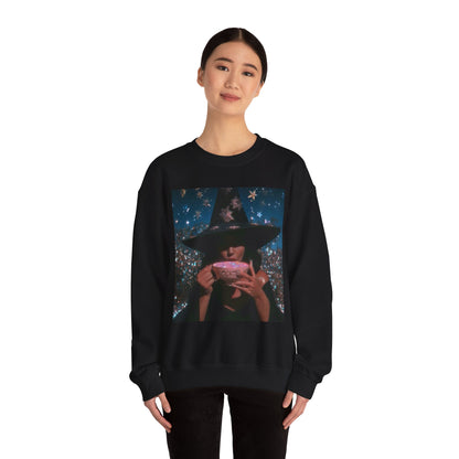 Witchy Tea Party Crewneck Sweatshirt – Mystic Witch Drinking Tea Graphic