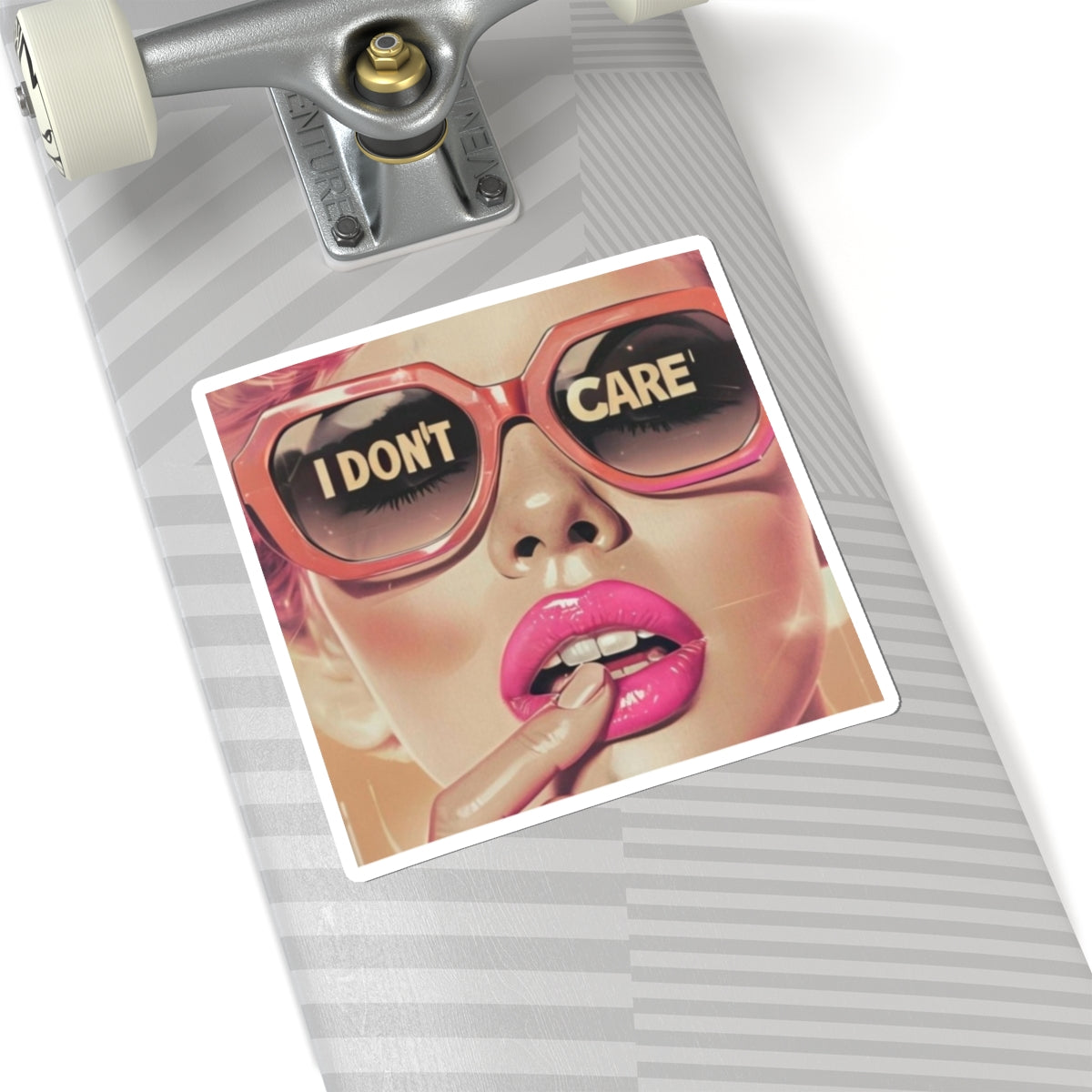I Don't Care Kiss-Cut Sticker — Retro Glam Pink Sunglasses Pop Art