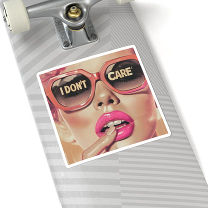 I Don't Care Kiss-Cut Sticker — Retro Glam Pink Sunglasses Pop Art