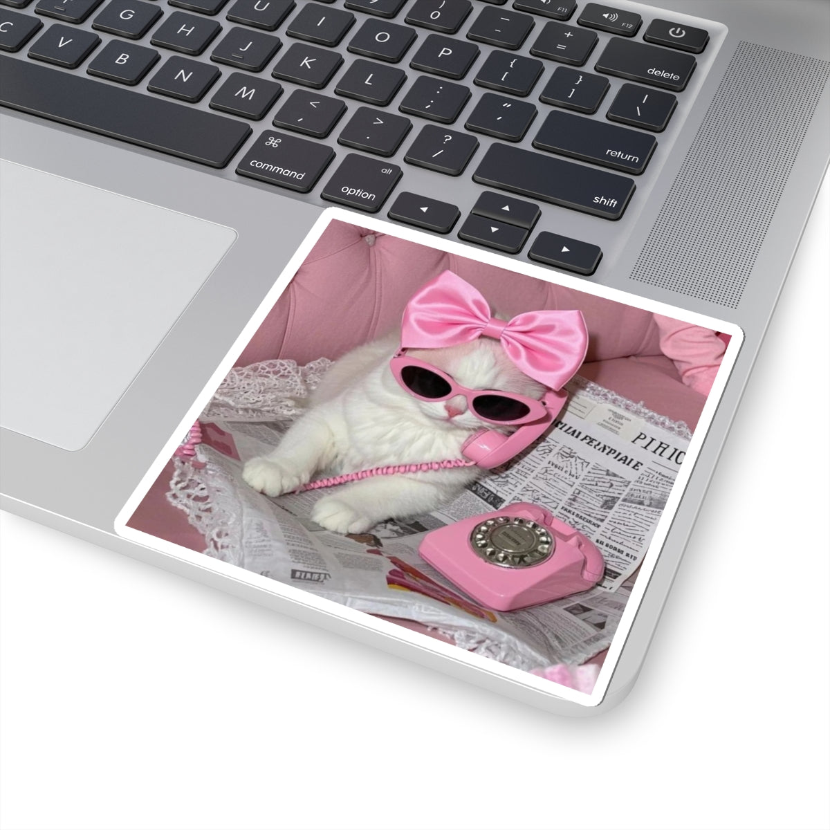 Cute Pink Retro Cat Kiss-Cut Sticker — Vintage Telephone & Bow Sunglasses