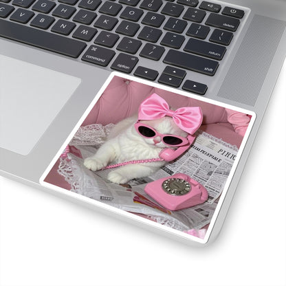 Cute Pink Retro Cat Kiss-Cut Sticker — Vintage Telephone & Bow Sunglasses