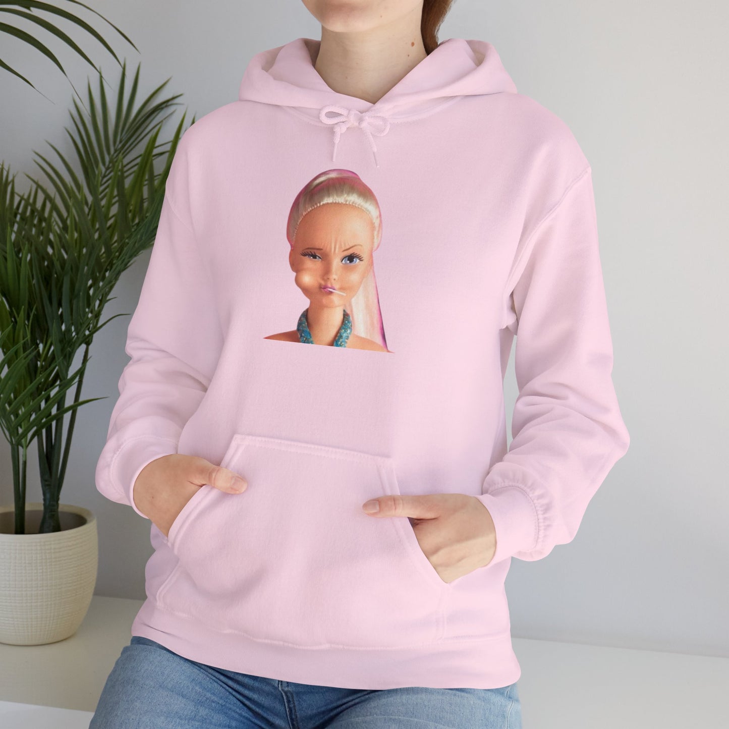 Retro Doll Portrait Hoodie — Nostalgic 90s Toy Face Sweatshirt