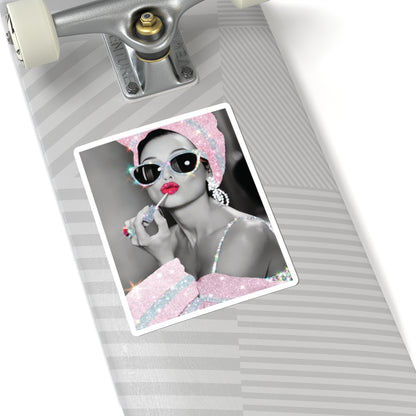 Retro Glam Sticker - Pink Glitter Audrey Hepburn Style Kiss-Cut Decal