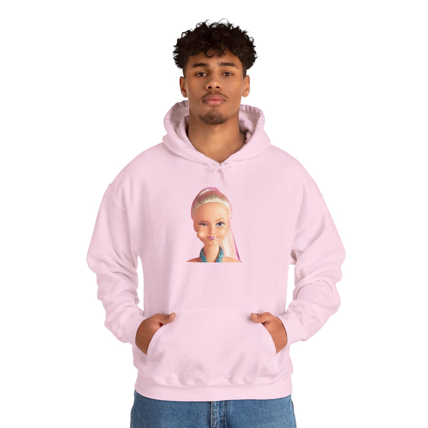 Retro Doll Portrait Hoodie — Nostalgic 90s Toy Face Sweatshirt