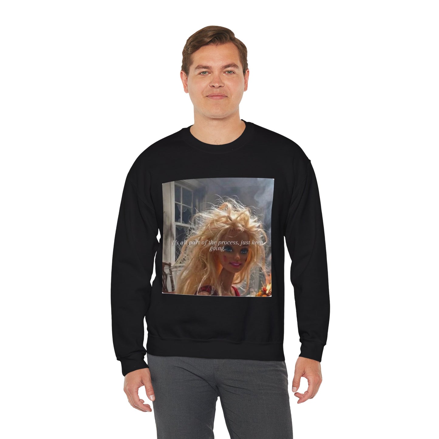 Barbie on Fire Graphic Sweatshirt – Retro Doll Photo Pullover with Text