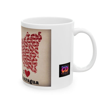 I Love Nicaragua Ceramic Mug — Red Lipprint Map Design (11oz)