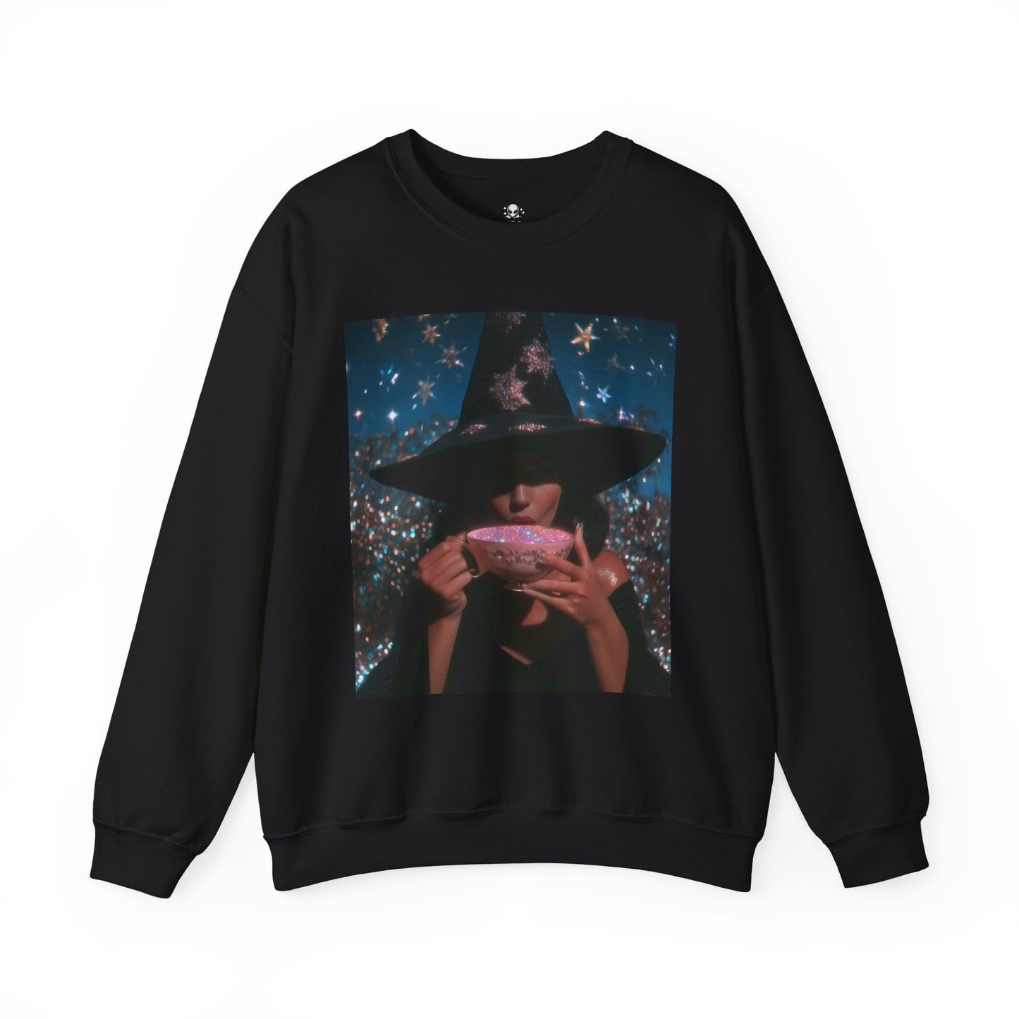 Witchy Tea Party Crewneck Sweatshirt – Mystic Witch Drinking Tea Graphic