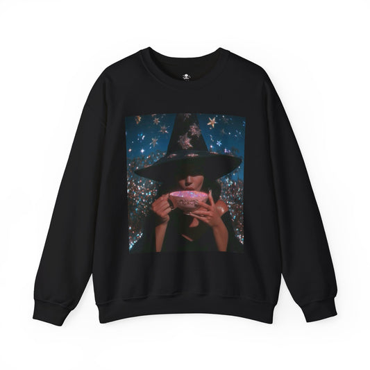 Witchy Tea Party Crewneck Sweatshirt – Mystic Witch Drinking Tea Graphic