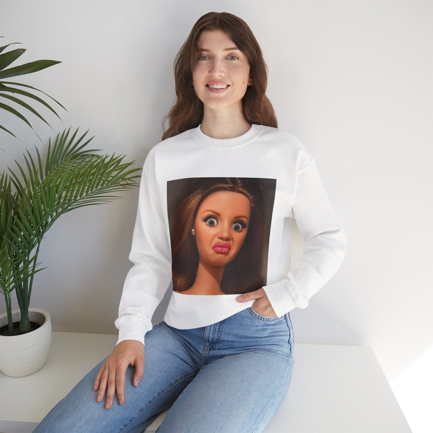 Crewneck Sweatshirt — Funny Barbie Face Graphic Pullover