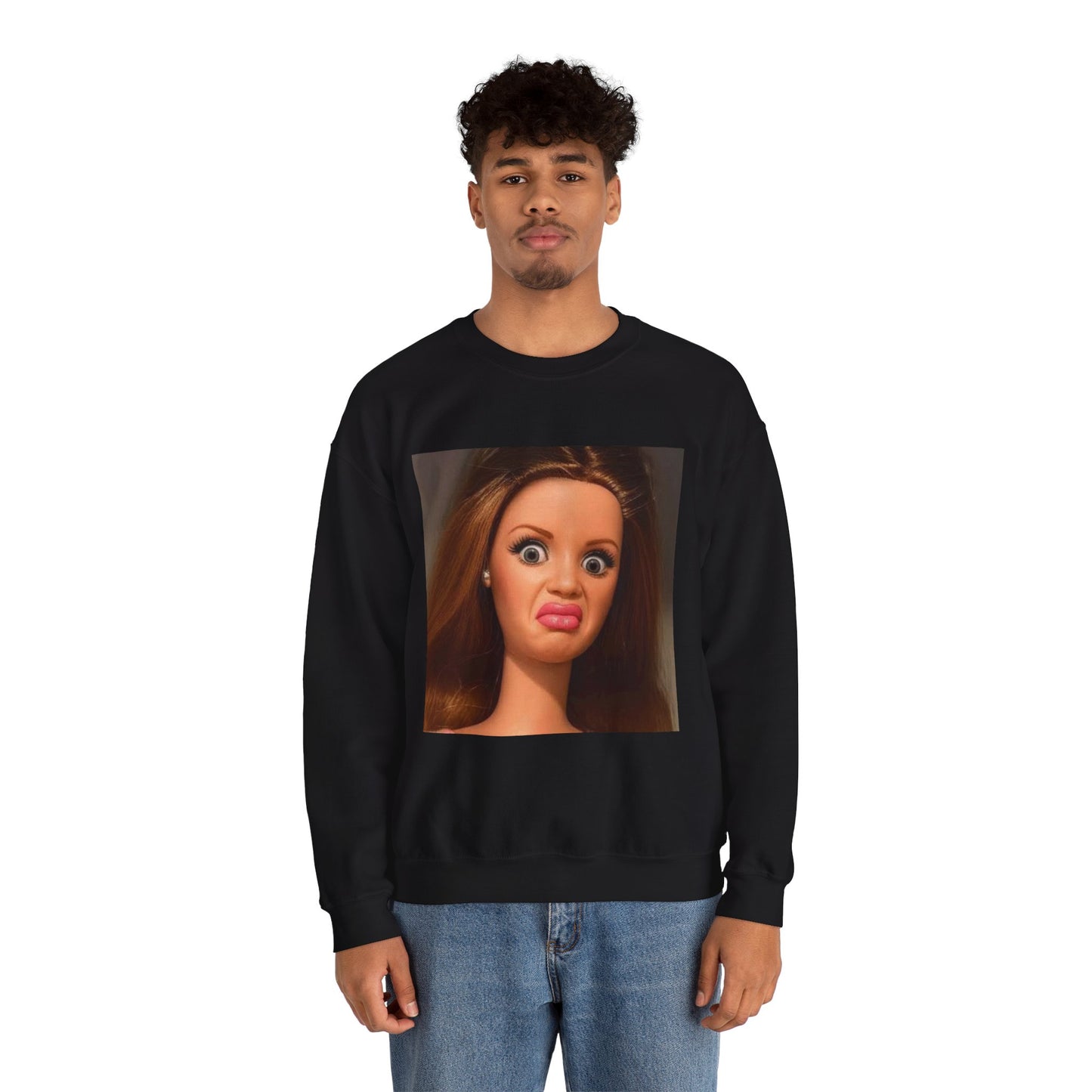 Crewneck Sweatshirt — Funny Barbie Face Graphic Pullover