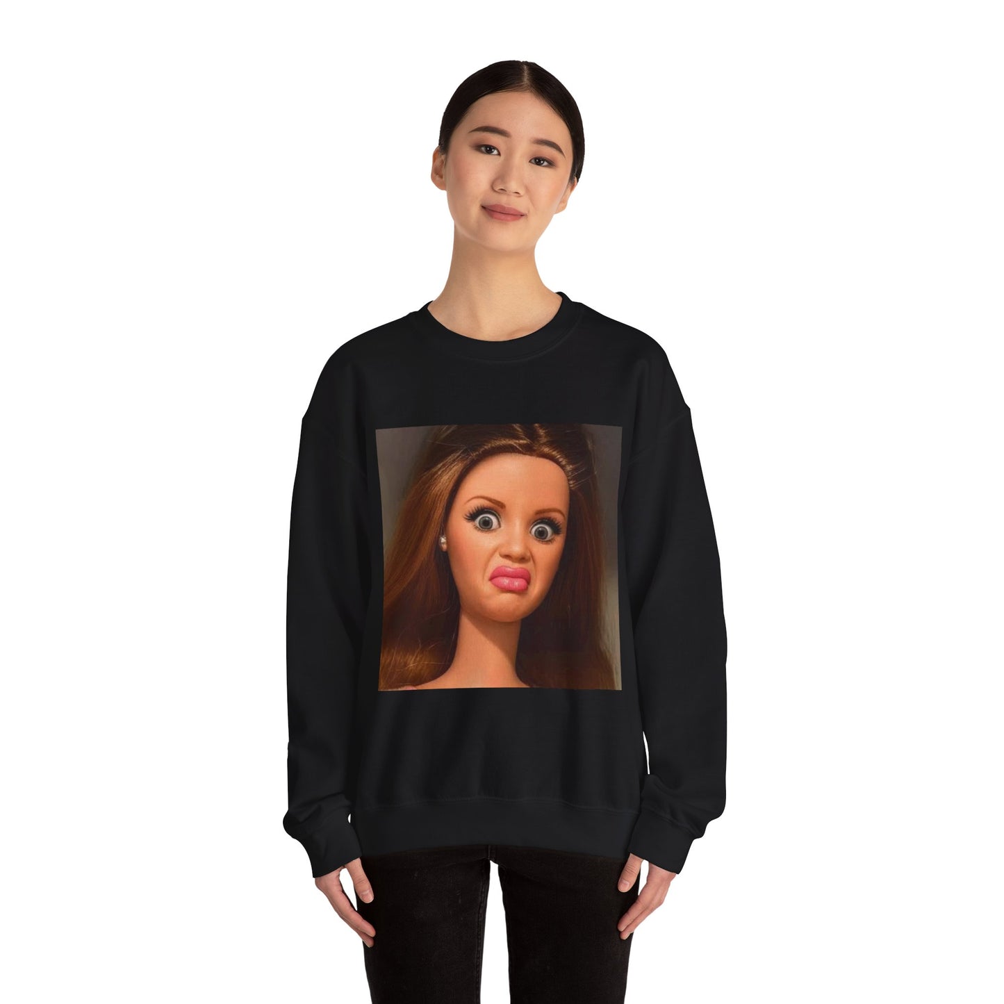Crewneck Sweatshirt — Funny Barbie Face Graphic Pullover