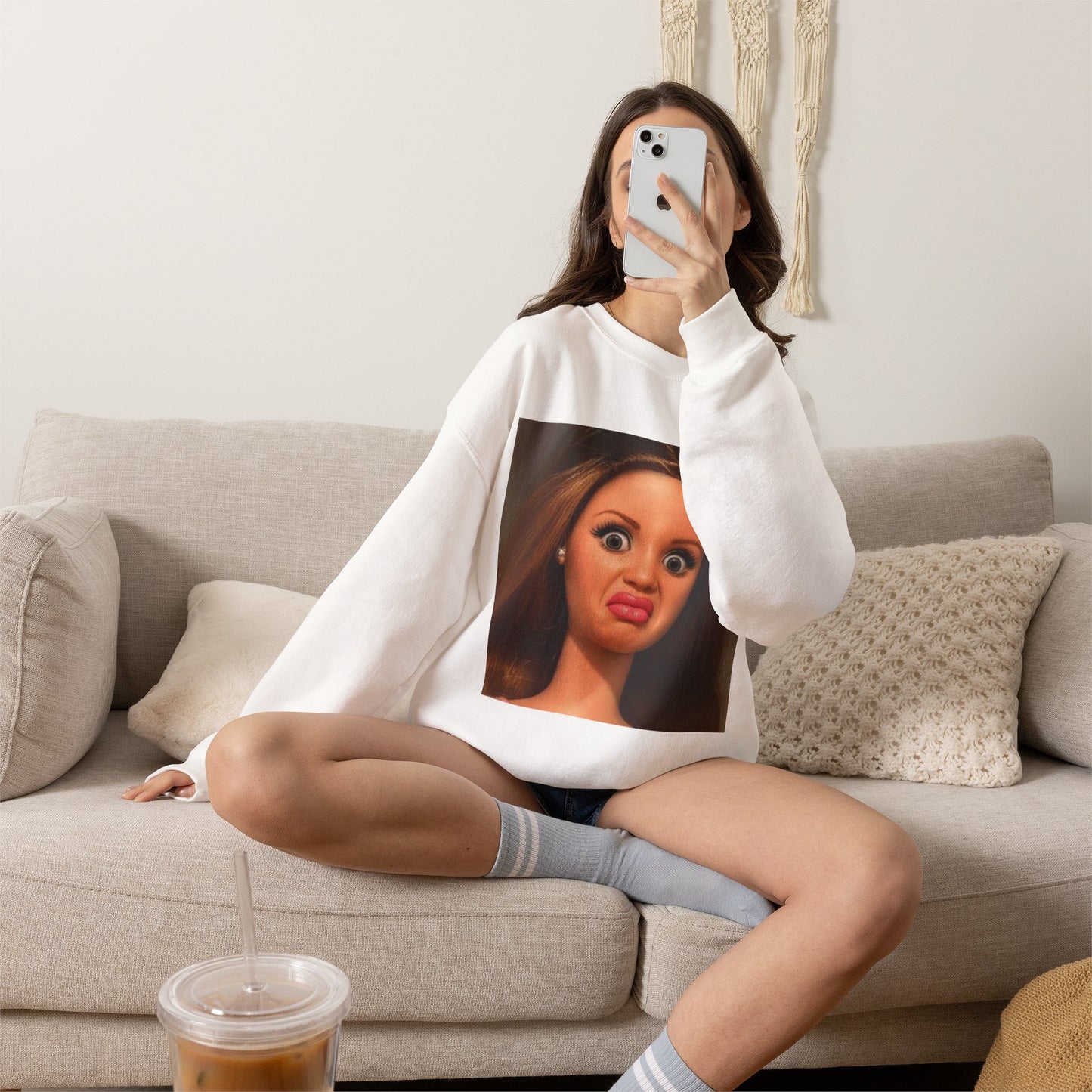 Crewneck Sweatshirt — Funny Barbie Face Graphic Pullover